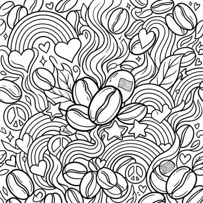 Dive into a unique blend of warmth and celebration with this intricate coloring page, combining rich coffee beans with symbols of Pride. Perfect for expressing creativity and solidarity, it's a delightful way to color your world with love and diversity.