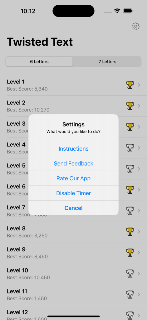 Twisted Text Word Game - The settings menu of the Twisted Text Word Game app displaying options like disable timer and instructions over a list of game levels.