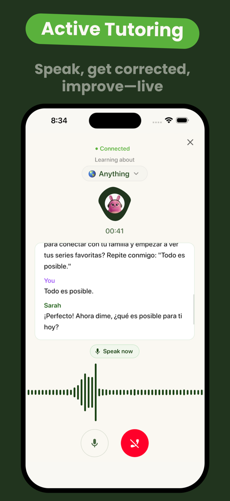 A screenshot of the LingoTok app showing a live AI voice tutoring session with a Spanish conversation transcript.
