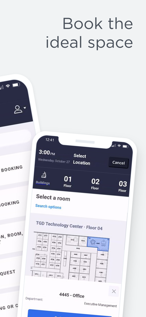Interface do aplicativo móvel Archibus Workplace para selecionar e reservar uma sala de escritório usando um mapa de planta baixa digital