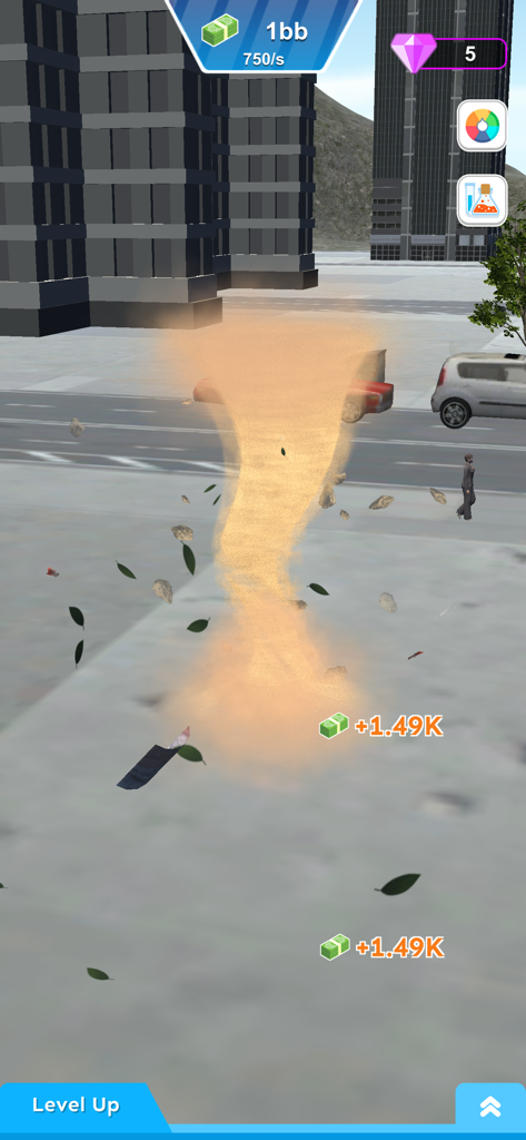 A small sand whirlwind collecting cash while moving through a city in Whirlwind Evolution
