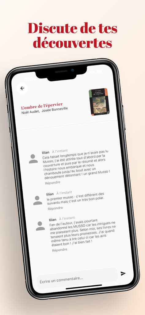 Booklink - Booklink app interface showing a community discussion thread for a book where users share their reading experiences