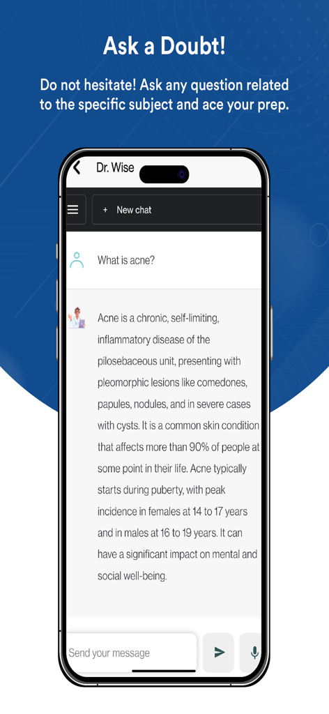 Dr.Wise - A mobile phone displaying the Dr. Wise app chat interface with a detailed medical explanation for acne.
