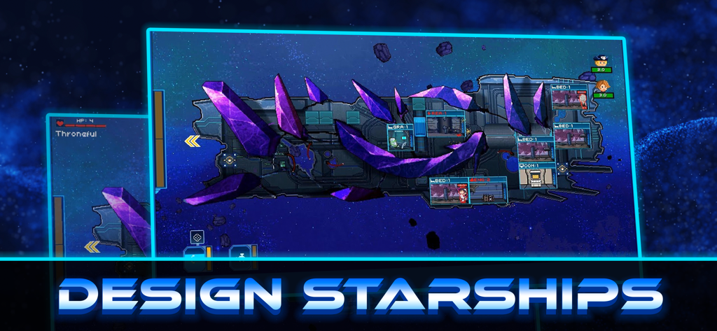 Pixel Starships™ - A cross-section of a custom starship design in Pixel Starships with large purple crystals and internal rooms.