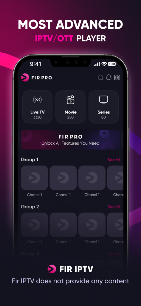Fir IPTV - Tableau de bord Fir IPTV sur iPhone montrant les catégories pour la télévision en direct, les films et les séries