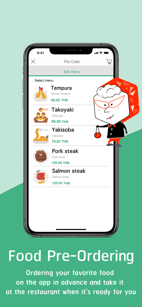 QueQ - No more Queue line - QueQモバイルアプリのインターフェース。いくつかの日本料理とステーキ料理が表示された食事の事前注文メニューが表示されています。