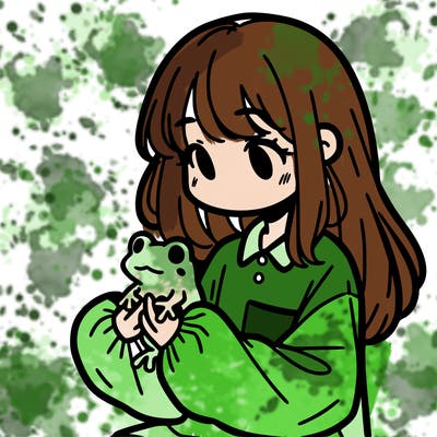 girl with long hair and a oversized shirt. and she is holding a frog