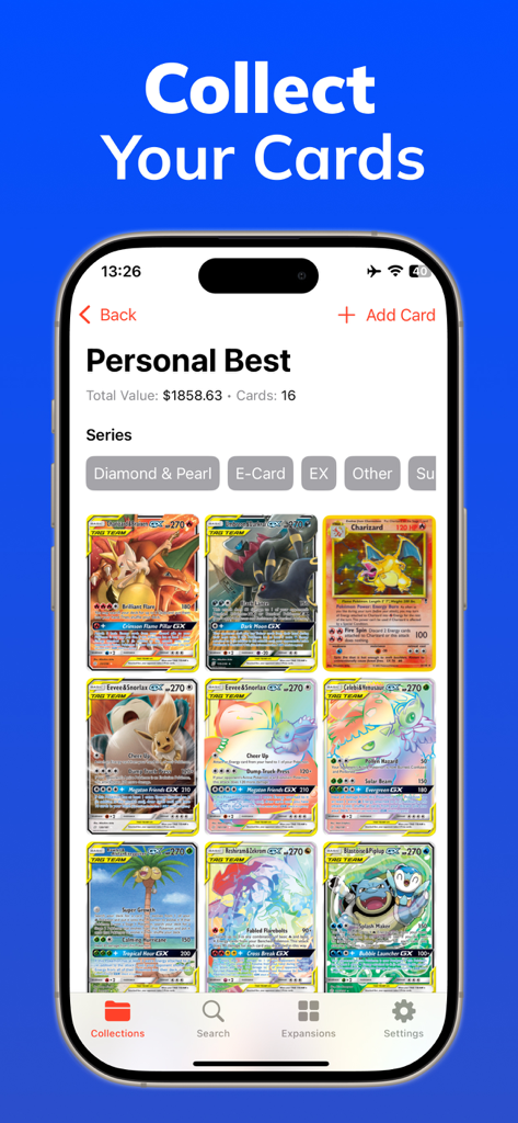 TCG Card Scanner for Pokemon - Digital collection screen of Pokemon cards showing total portfolio value and rare card grid