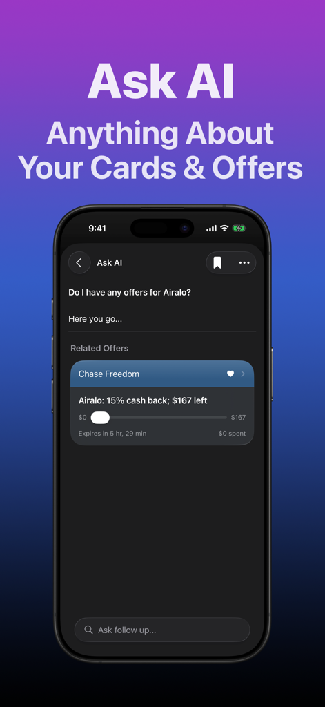 Chatbot AI dell'app CardPointers che mostra un'offerta di cashback di carte di credito per Airalo su una carta Chase Freedom.