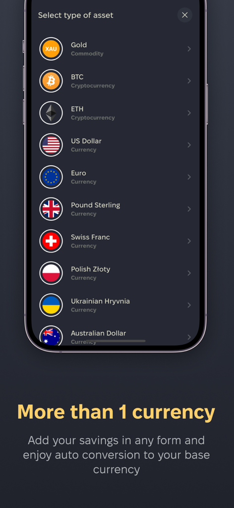Savings tracker for big goals - Mobile app screen showing a list of diverse assets including gold cryptocurrencies and multiple international currencies for savings tracking