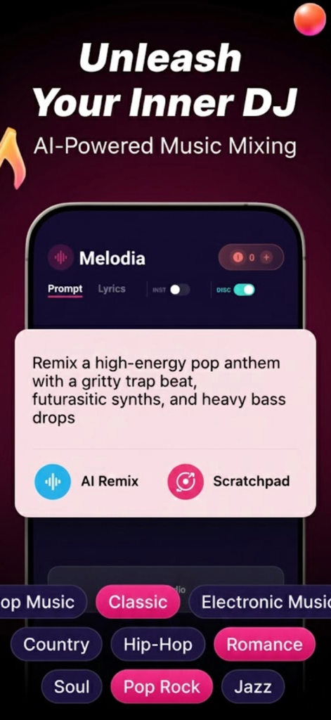 Melodiai - AI Song Music Maker - Melodiai app interface showing AI-powered music mixing with a remix prompt for a pop anthem and trap beat.