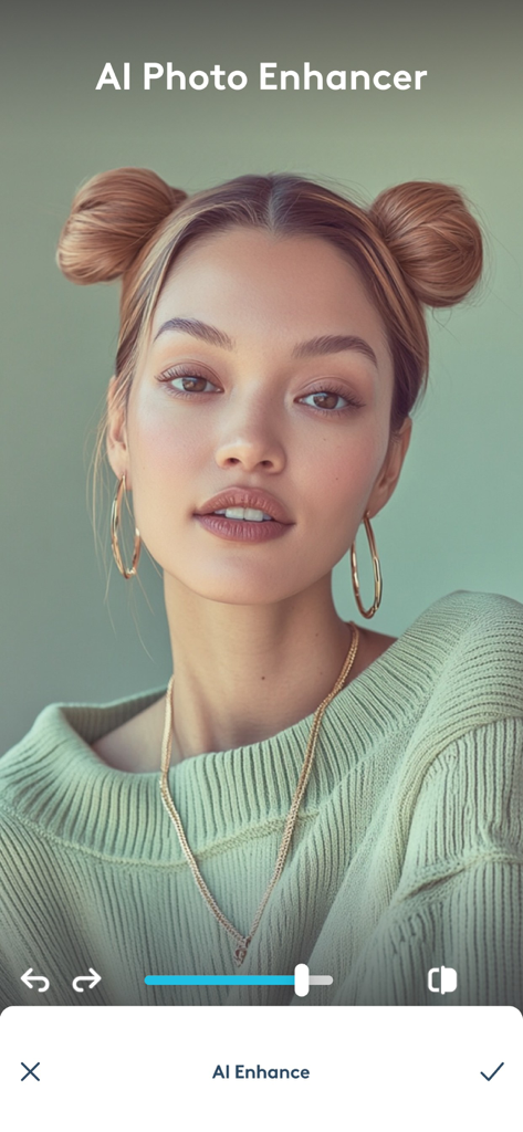 Young woman portrait with AI photo enhancement in the Facetune app