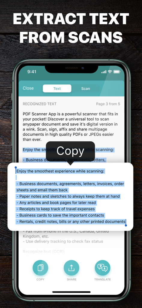 Scanner PDF – scan document - iPhone-Bildschirm zeigt die Scanner PDF App, die Text aus einem Scan extrahiert, mit Optionen zum Kopieren, Teilen und Übersetzen