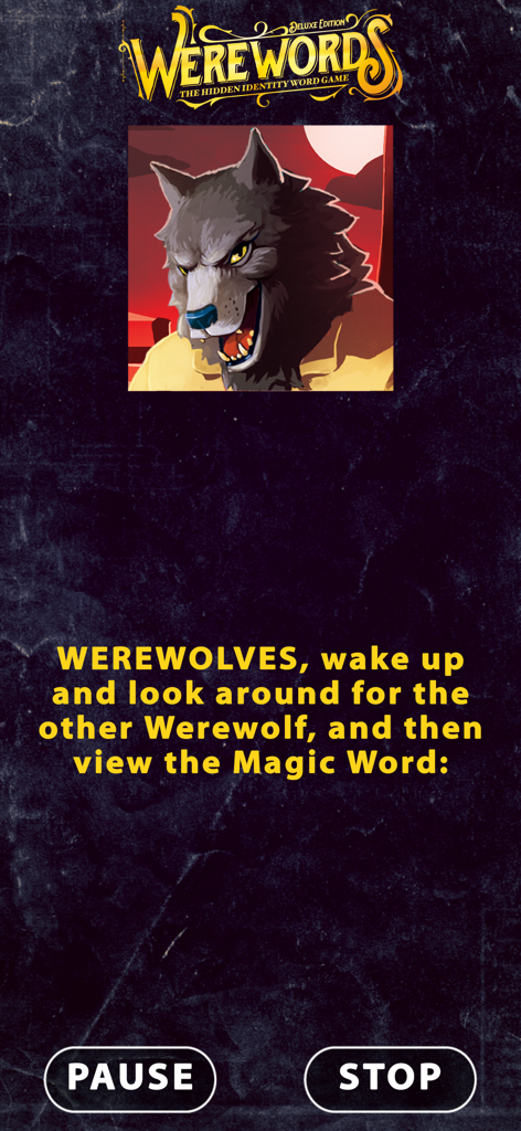 Screenshot of the Werewords app showing instructions for the werewolves to wake up and view the magic word