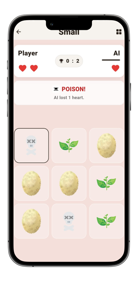 Safe or Poison game - Safe or Poisonゲームのゲームプレイ画面。ポテトのグリッドと、AIがハートを1つ失ったという通知が表示されている
