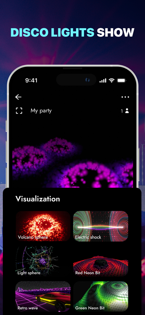 Club Lighting - Strobe Flash - Interfaz de la aplicación Club Lighting que muestra un espectáculo de luces de discoteca con varias opciones de visualización de música como esfera volcánica y descarga eléctrica
