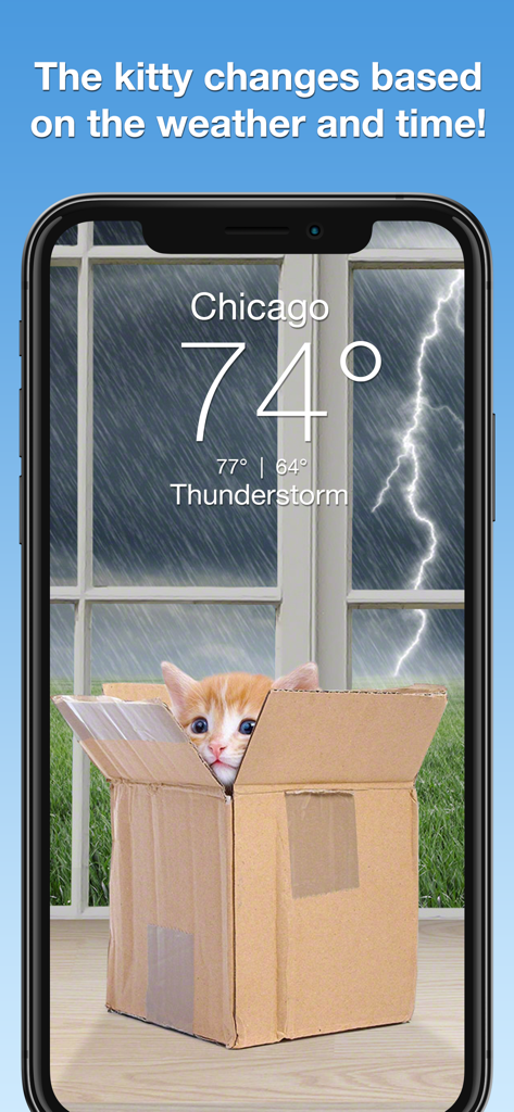 Interfaz de la aplicación Weather Kitty que muestra un gatito en una caja de cartón durante una tormenta eléctrica en Chicago con una temperatura de 74 grados