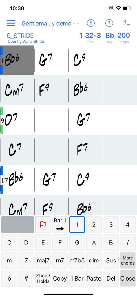 Chord sheet and specialized entry keyboard interface in the Band-in-a-Box iOS app