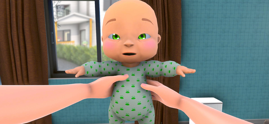 Mother Life Simulator Games - Vista en primera persona de un jugador sosteniendo a un bebé virtual en Mother Life Simulator Games