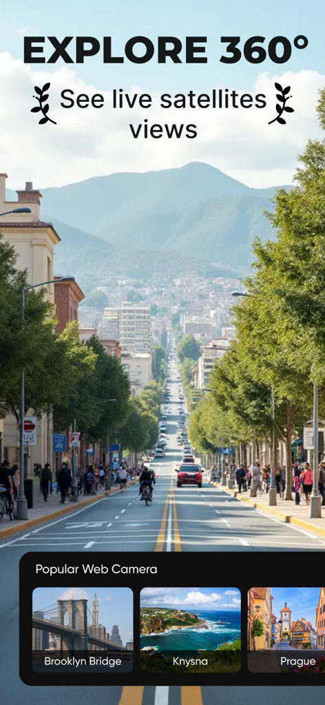 Earth Map 3D - Street View Map - Earth Map 3D app interface showing 360 degree street views and popular web cameras of world landmarks