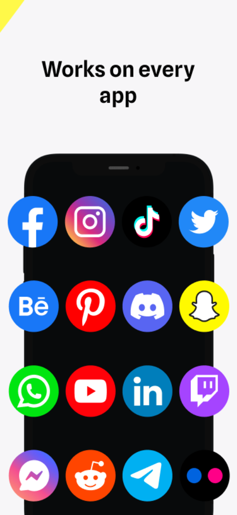 CharacterKey - AI Keyboard - Pantalla de smartphone que muestra varios iconos de redes sociales como TikTok e Instagram para ilustrar la compatibilidad de aplicaciones