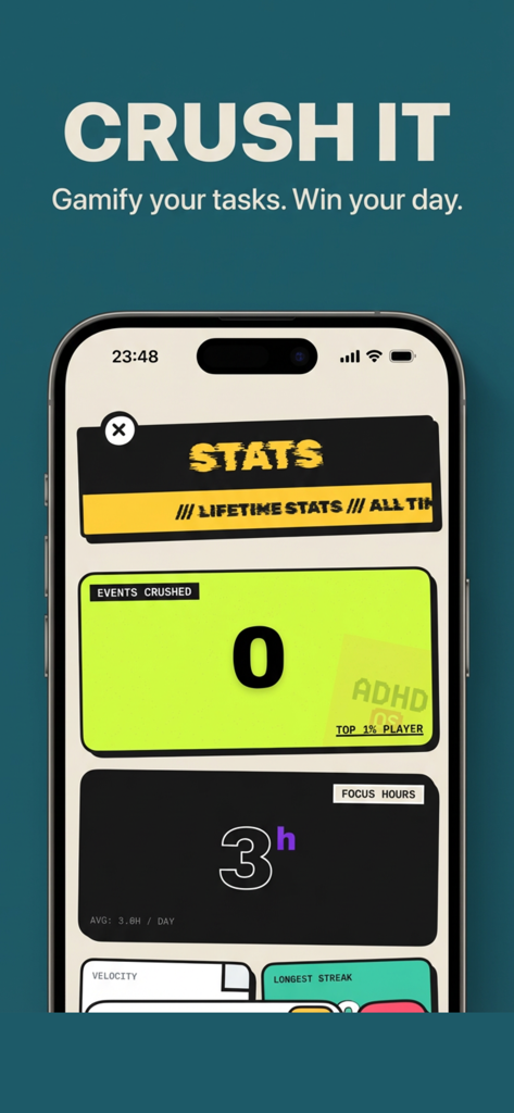 ADHD OS app dashboard showing lifetime statistics for tasks crushed and focus hours