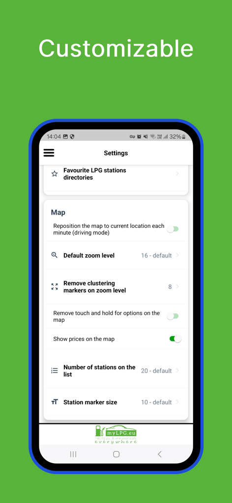 Der Einstellungsbildschirm der myLPG-App zeigt Optionen zur Anpassung der Karten- und Tankstellenmarkierungen.