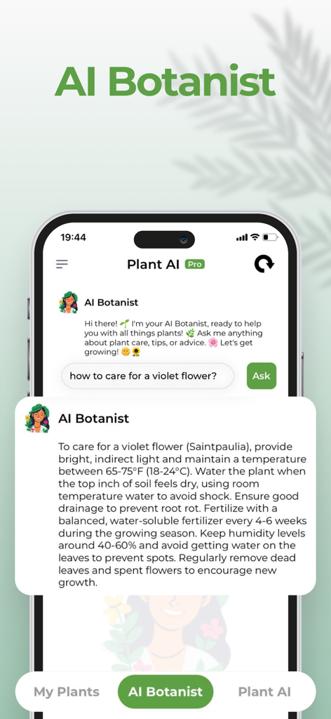 Plant AI: Scanner & Identifier - Pantalla de chat del Botánico de IA en la aplicación Plant AI, proporcionando instrucciones de cuidado detalladas para una flor violeta