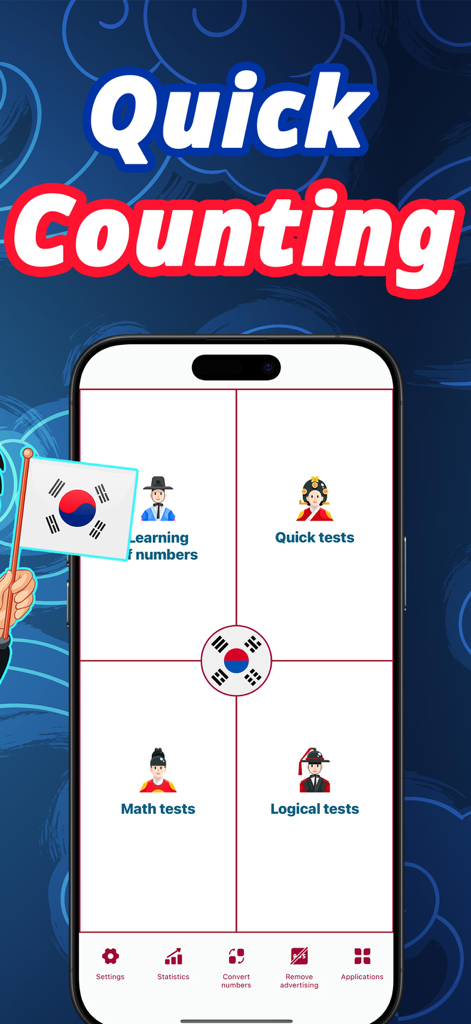 Numbers in Korean language - Menu principal do aplicativo Números em coreano mostrando quatro modos de aprendizado, incluindo testes de matemática e lógica.