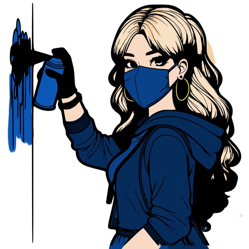 realistic girl with mask spray painting a wall