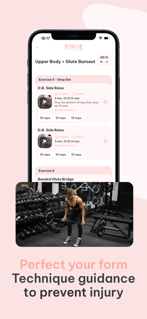 Strive by KKFIT - Strive by KKFITアプリのインターフェース、ワークアウト追跡と正しいリフティングテクニックのためのビデオガイドを表示