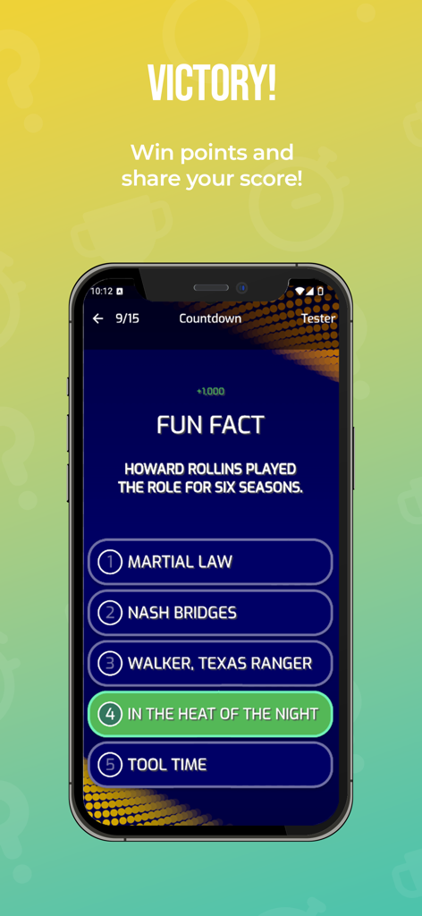Buzztime Trivia app screenshot showing a victory message and a correctly answered question for points.