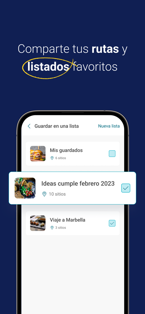 Pantalla de la aplicación Guía Repsol para organizar y compartir listas de restaurantes y viajes favoritos en España.