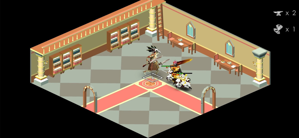 The Bonfire 2 Uncharted Shores - Isometric view of a battle between warriors and a monster inside a library room in The Bonfire 2 Uncharted Shores.