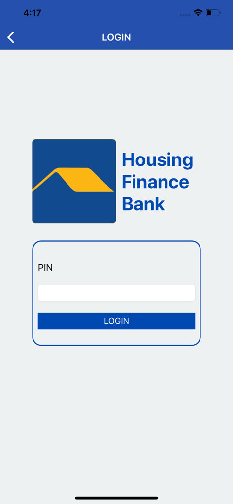 PIN 입력 필드와 은행 로고가 있는 Housing Finance Bank Uganda 앱 로그인 인터페이스