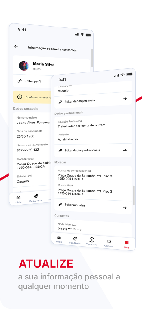Pantalla de la aplicación móvil de Banco CTT para actualizar información personal y profesional