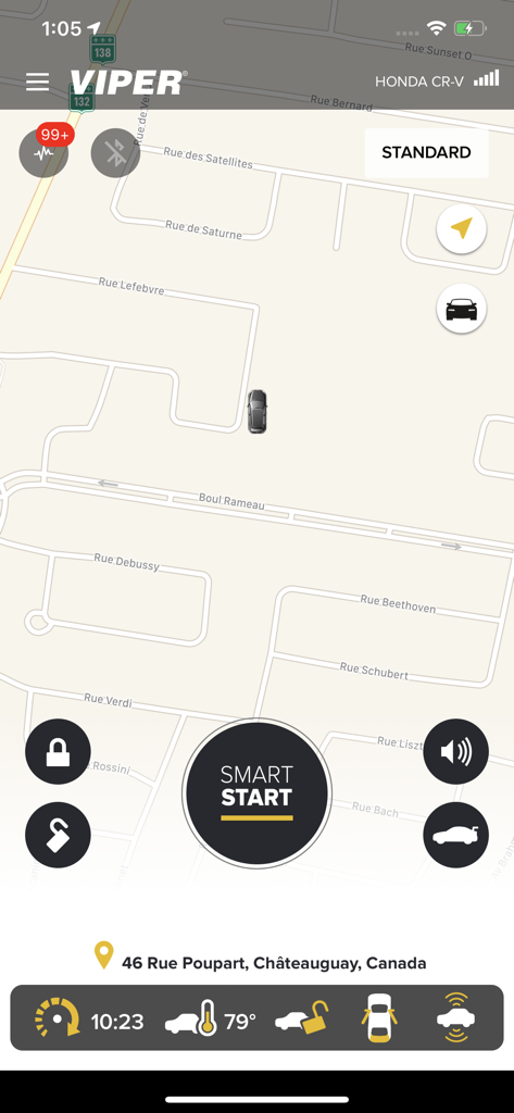 Viper SmartStart app dashboard showing real time vehicle GPS location and remote control buttons