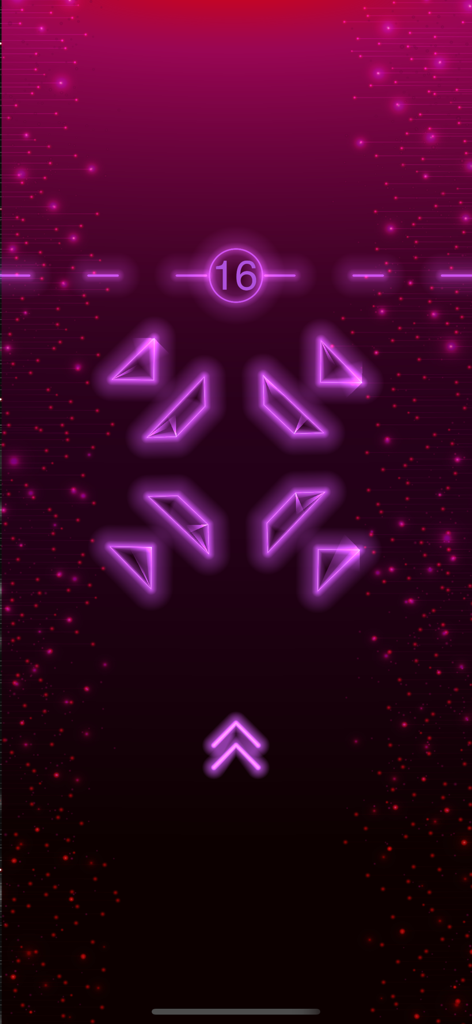 Interfaz de juego minimalista en morado neón de Tap To Dash que muestra obstáculos y un indicador de puntuación.