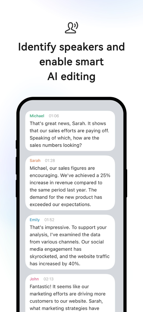 Deepting AI Transcribe Summary - Un'interfaccia dell'app mobile che mostra la trascrizione di una riunione con diversi oratori identificati per nome.