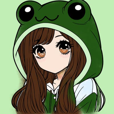 a pretty girl wearing a frog hoodie portrait with long hair