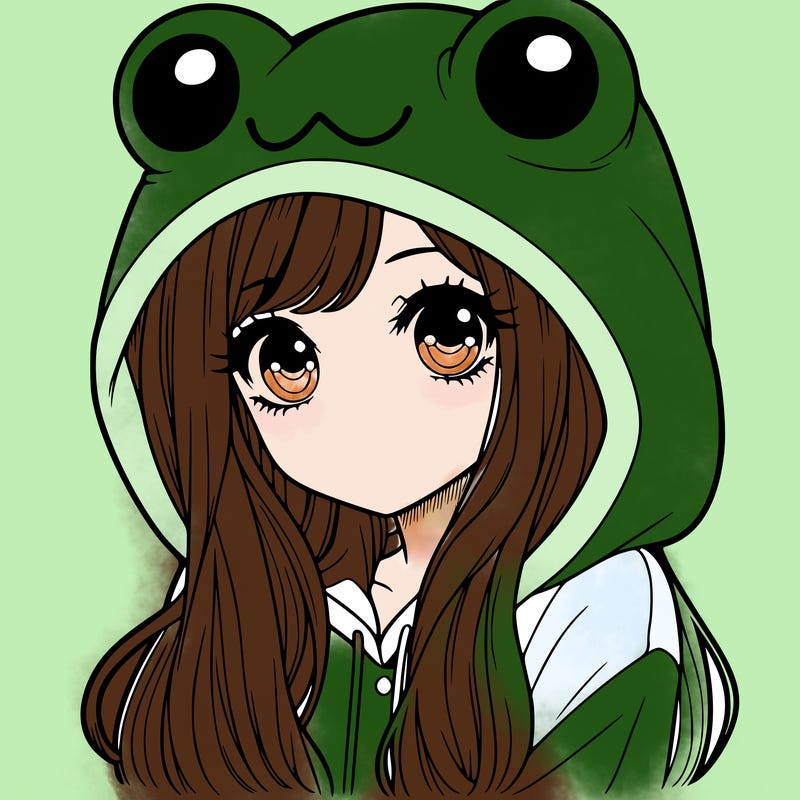 a pretty girl wearing a frog hoodie portrait with long hair