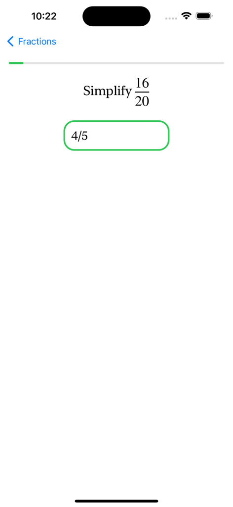 Fraction Steps: Learn Visually - Educational app interface showing a math problem to simplify the fraction 16 over 20.