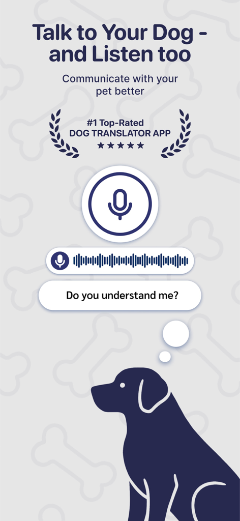 Woofi Dog Translator app screen showing a microphone icon and the talk to your dog feature