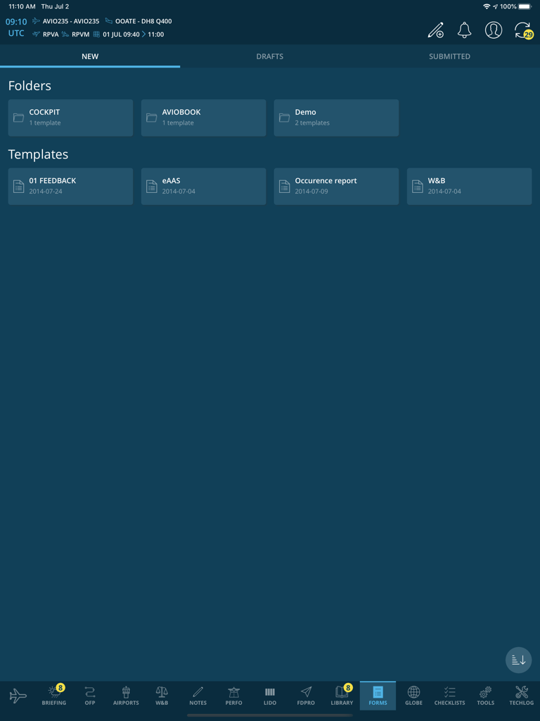 AvioBook Flight - AvioBook Flight iPad app showing the forms and reporting templates section.