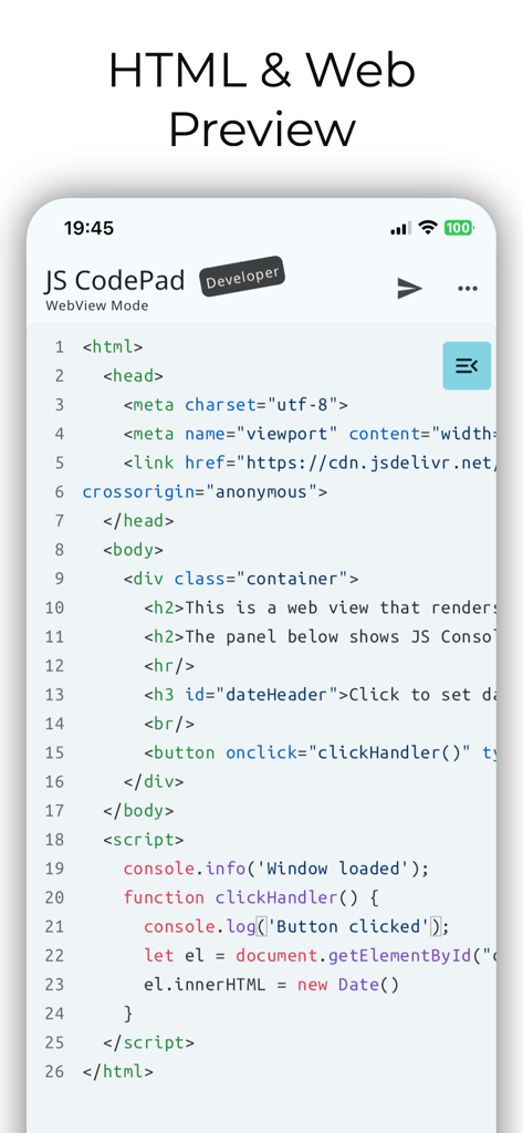 JavaScript Coding Editor & IDE - Capture d'écran de l'application mobile JS CodePad montrant du code HTML et JavaScript pour l'aperçu du développement web