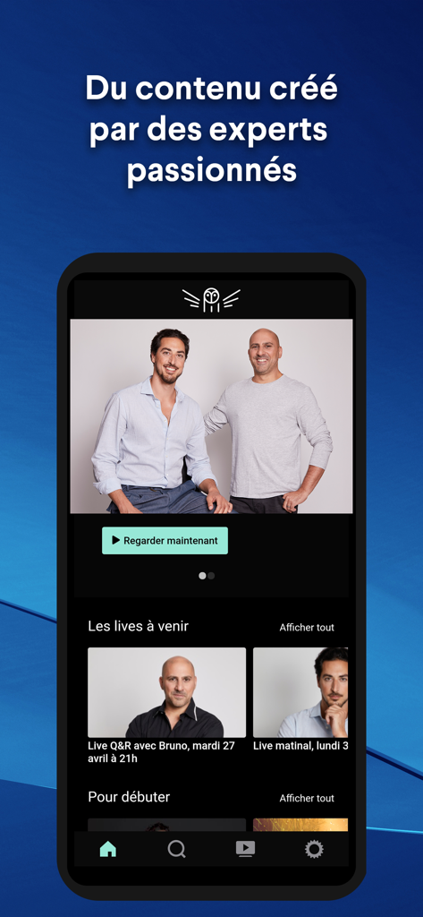 Interfaz de la aplicación Psychonaute que muestra contenido de auto-hipnosis de expertos y próximas sesiones en vivo.