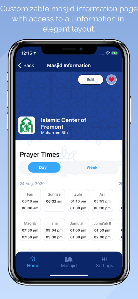 Masjidi-Salah and Iqamah times - Mobile app screen showing daily prayer and iqamah times for the Islamic Center of Fremont in an elegant layout