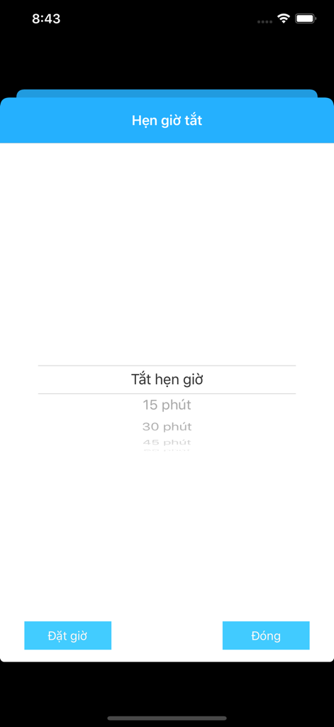 Tela de configurações do temporizador de sono no aplicativo de audiolivros vietnamitas