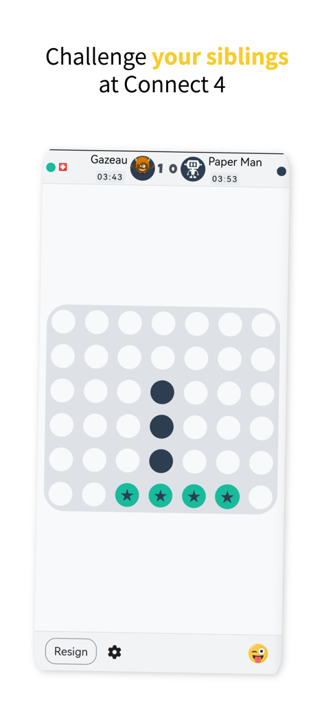 A mobile screenshot of a Connect 4 game on papergames.io featuring two players with custom avatars and a minimalist board design
