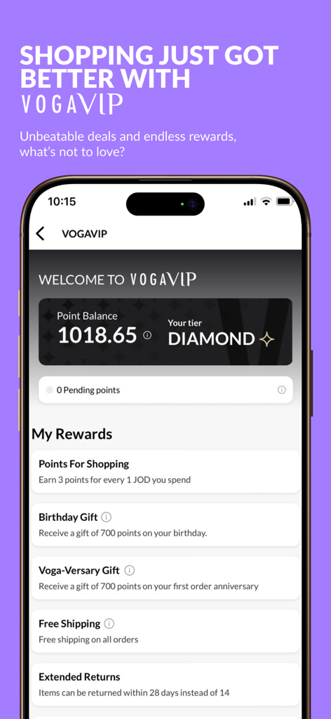 VogaCloset app VOGAVIP rewards screen showing Diamond tier status and member benefits
